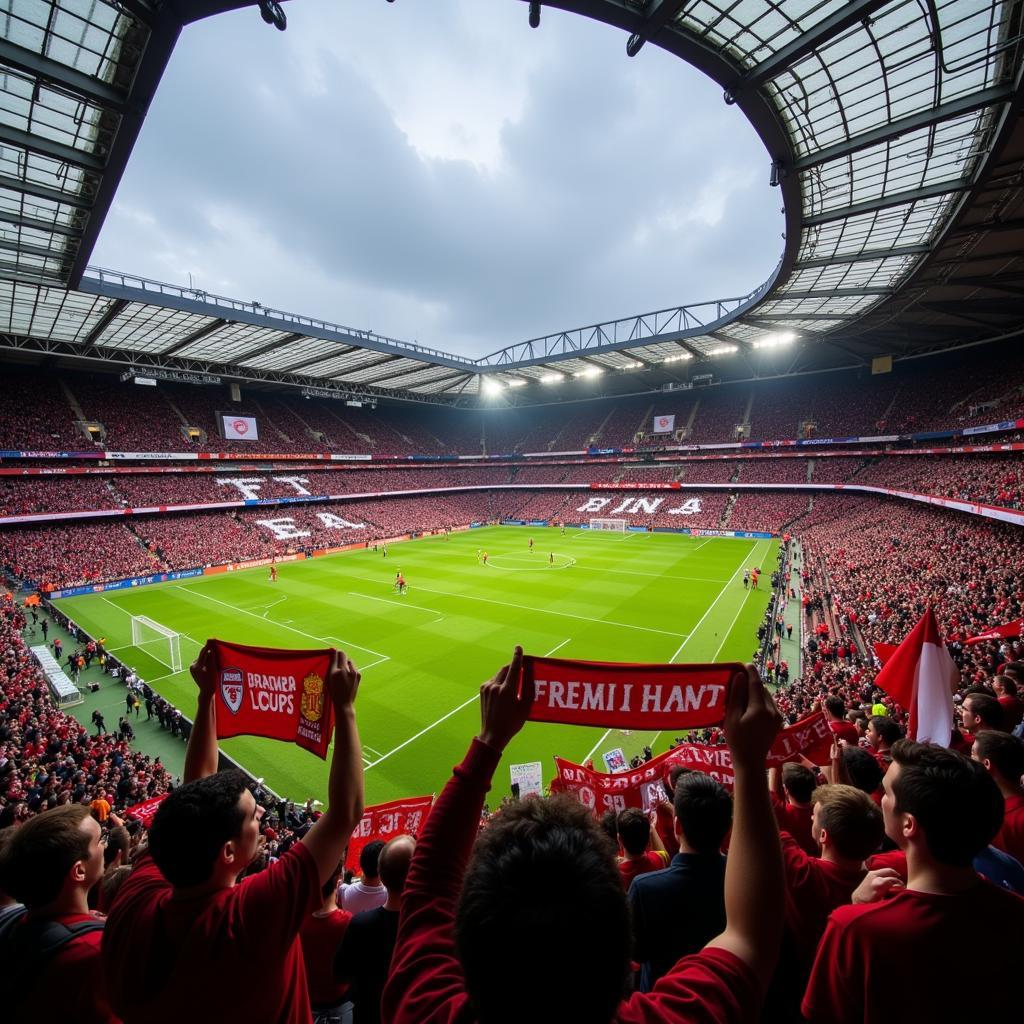 Fans cheering enthusiastically at a Premier League match