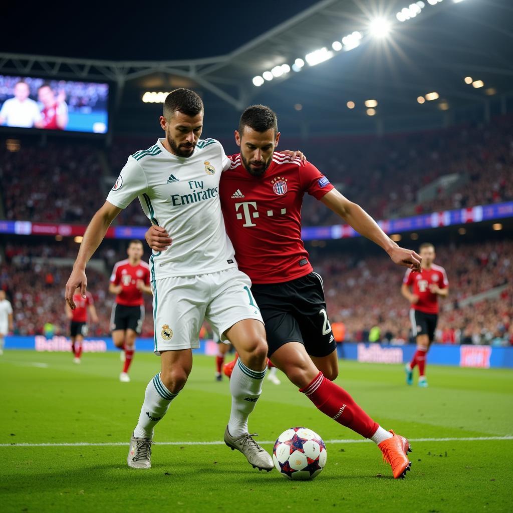 Real Madrid and Bayern Munich players contesting a fierce duel in a packed stadium