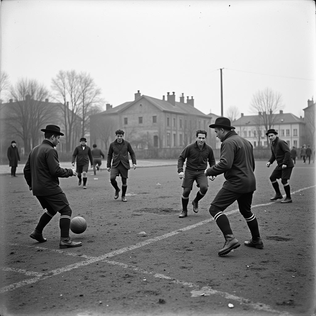 A historical image depicting the early days of football in Russia