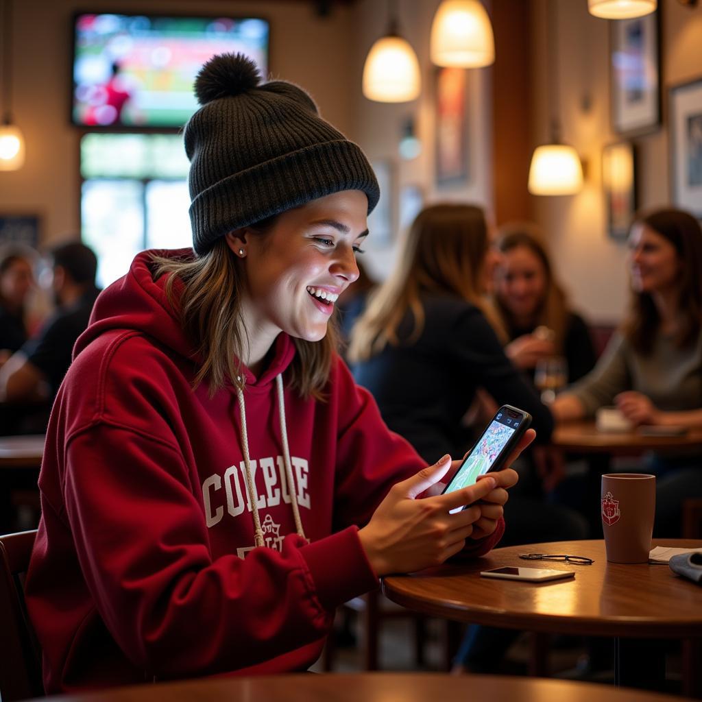 Streaming college football on phone at cafe