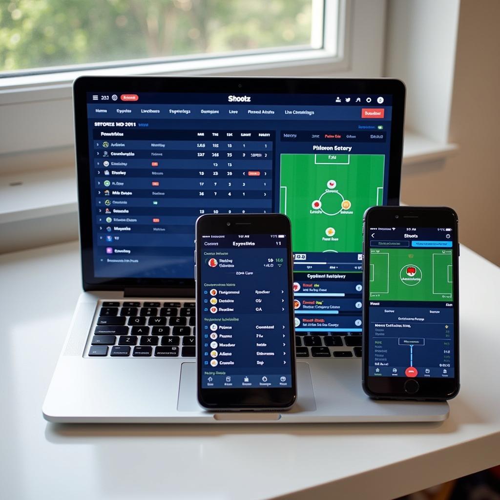 Different devices displaying live football results simultaneously