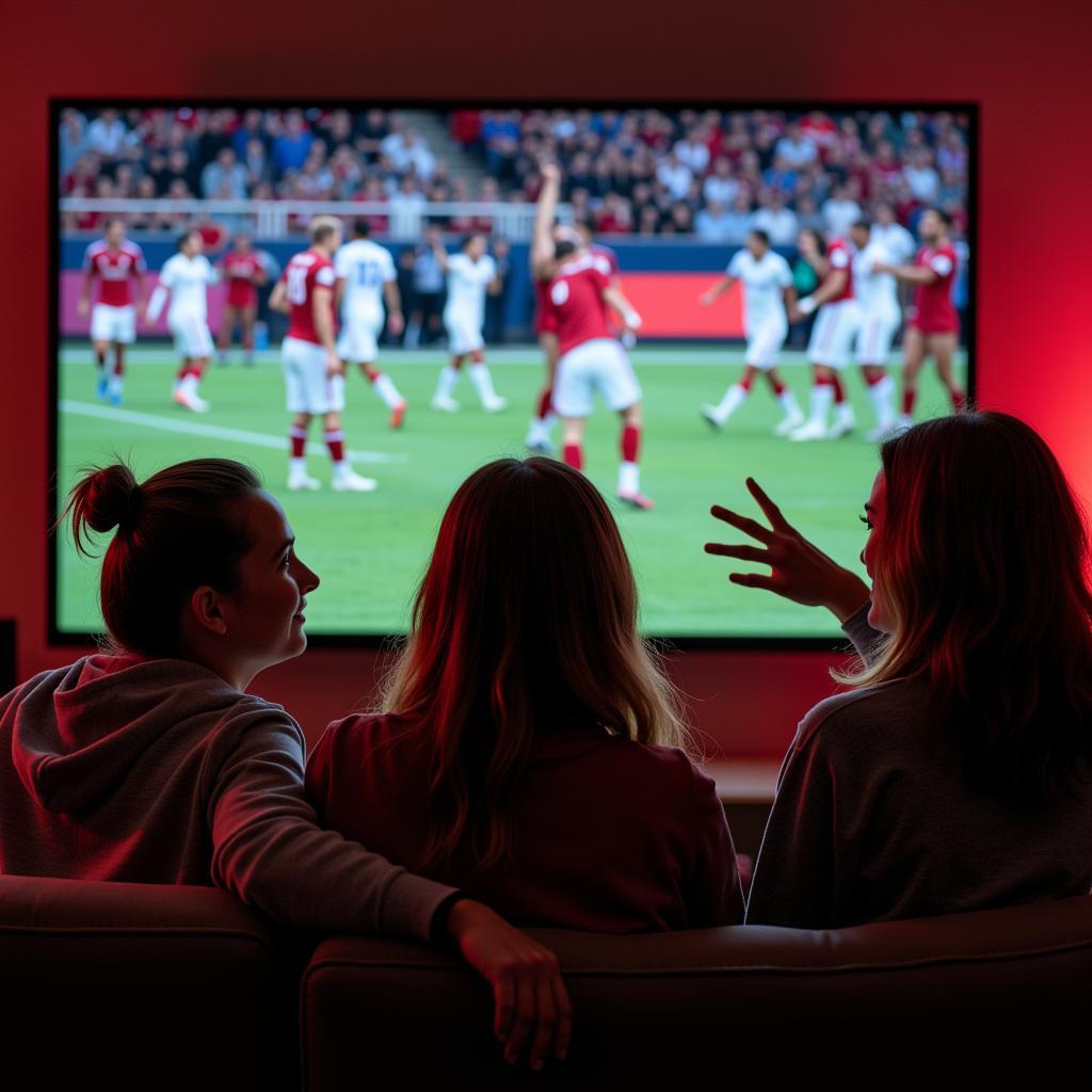 Fans watching a college football live panel on TV.