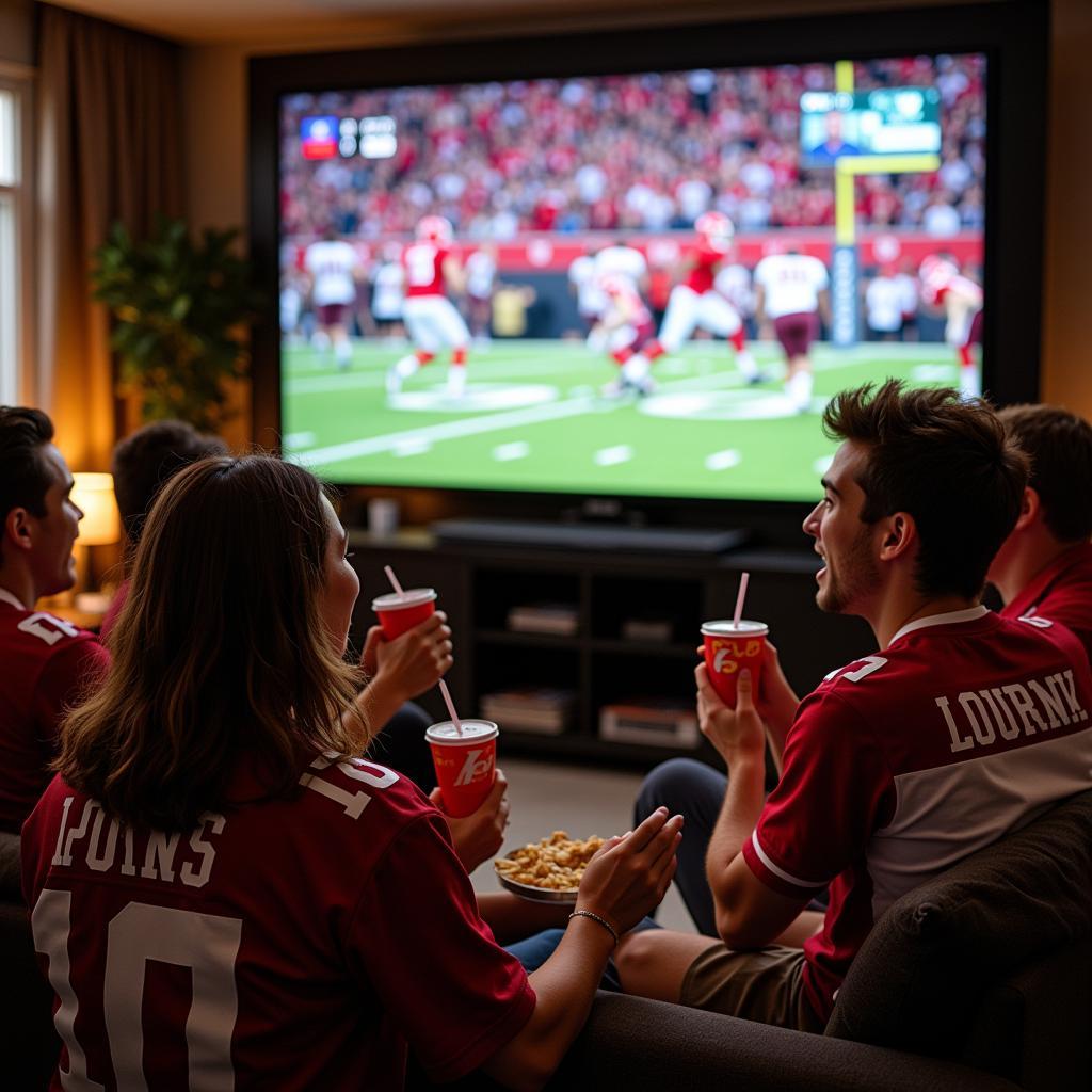 A group of friends enjoying a college football live stream together at home.