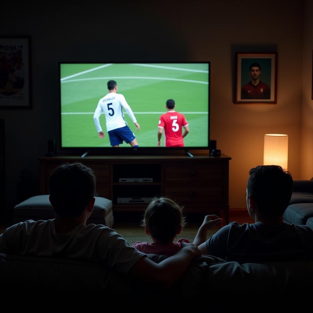 Fans watching a Cristiano Ronaldo live streamed football match at home.