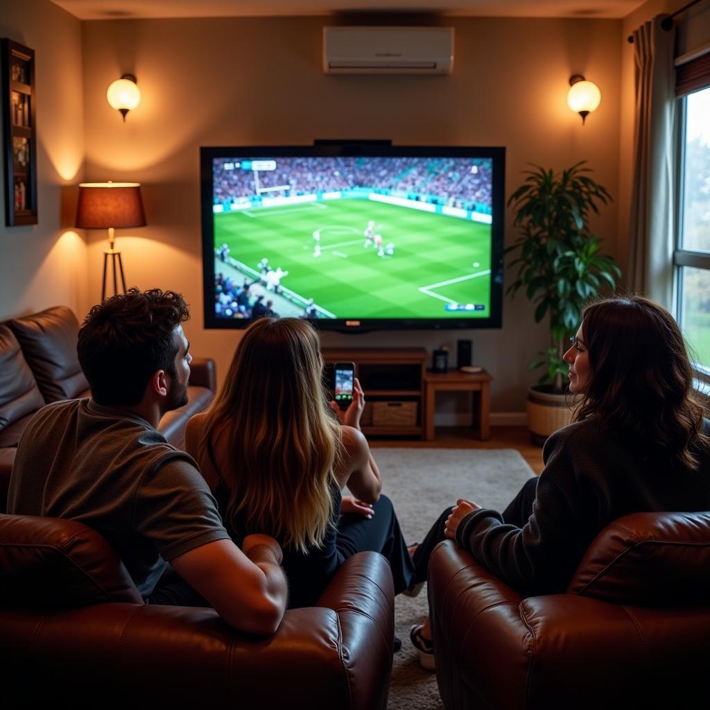 A group of friends watching a fantasy football live stream on a large TV screen, cheering and discussing their teams.