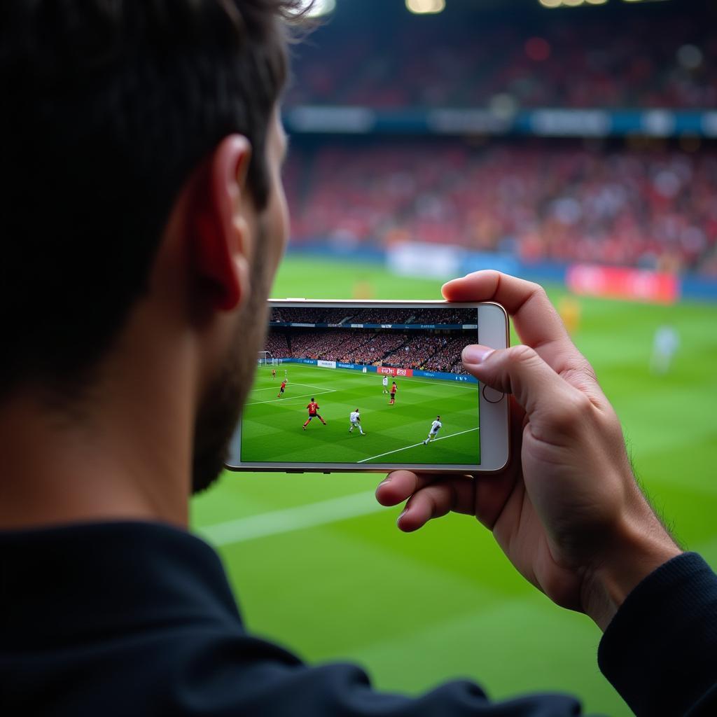 A person watching a live football match on their smartphone