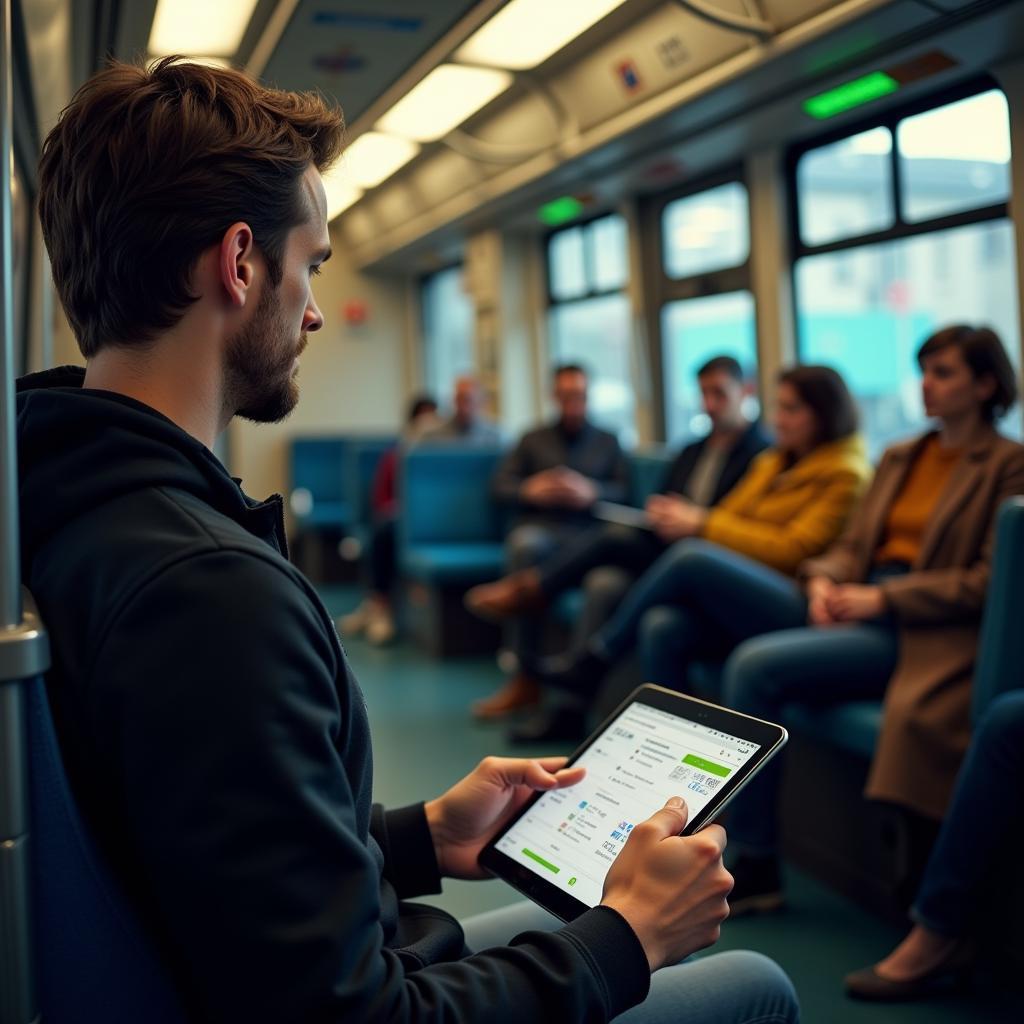 Checking football live results on a tablet device during a commute