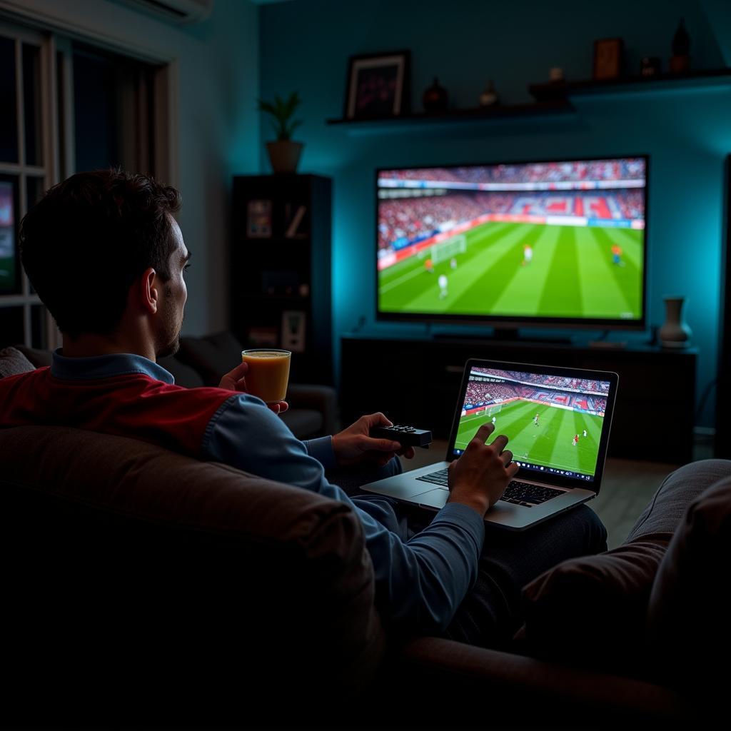 Man Watching Football Live Stream Online TV on Laptop