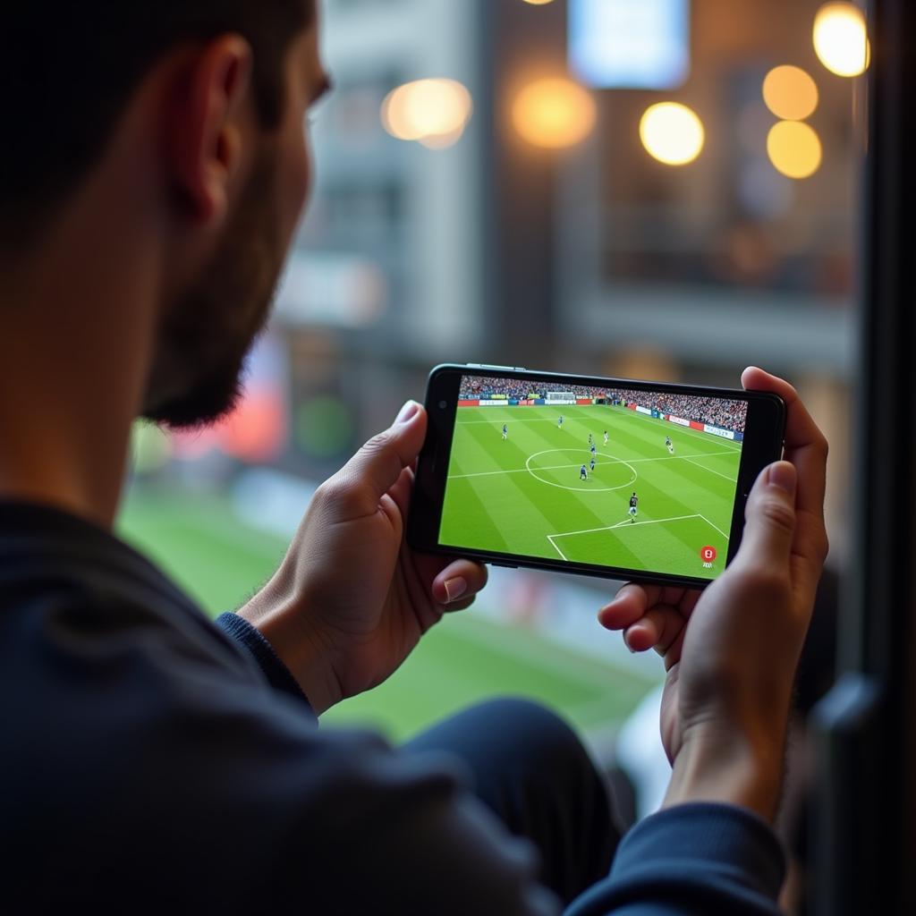 A person watching a live football match on their mobile phone