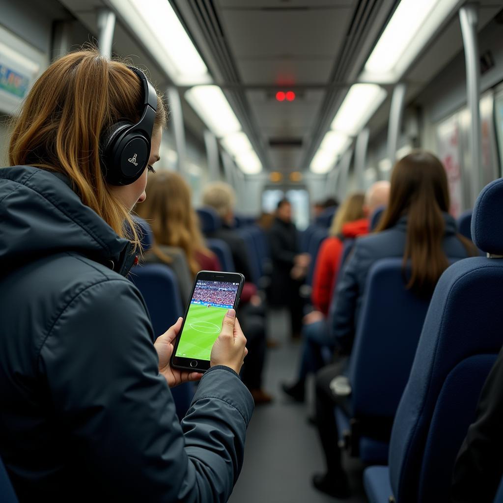 Woman watching football on her phone