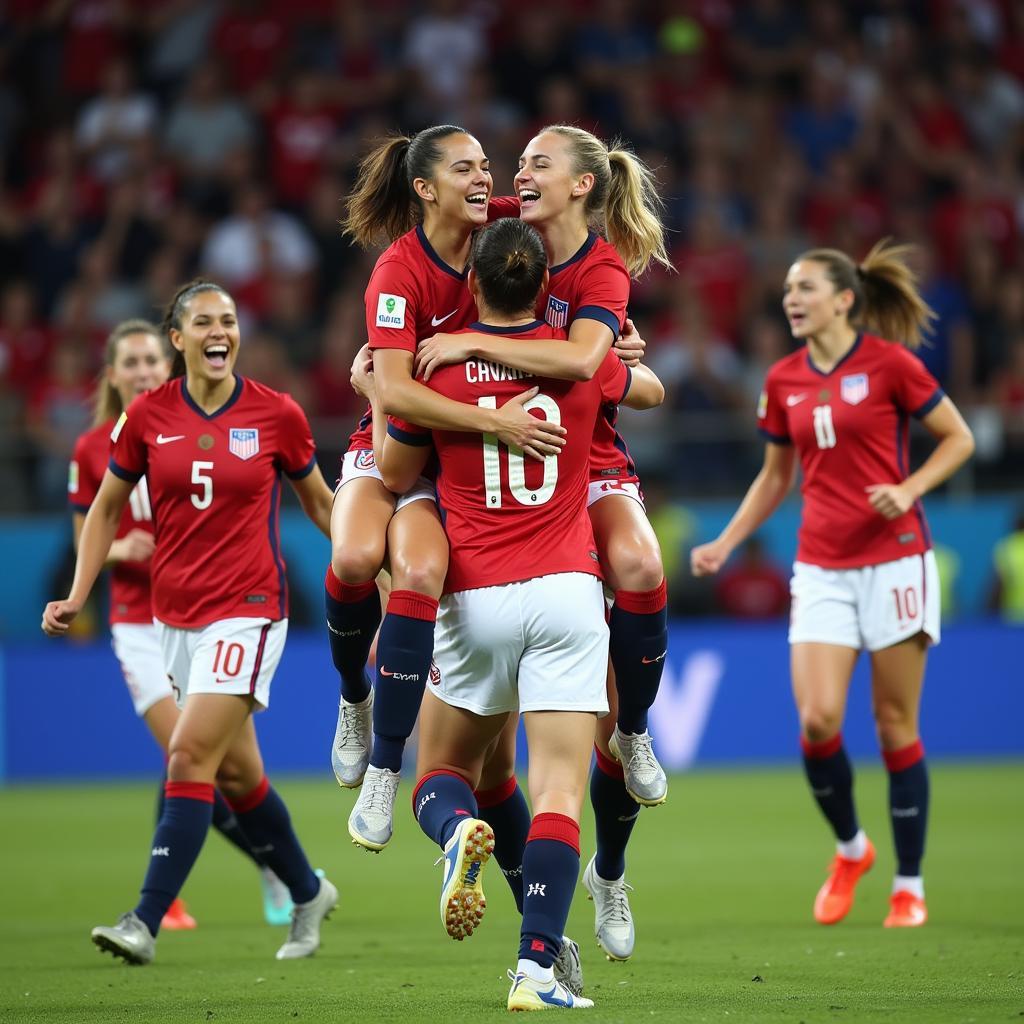 USWNT celebrating their 2019 World Cup win