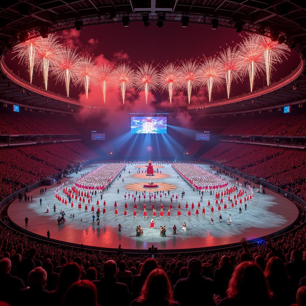 World Cup Opening Ceremony Russia 2018: A vibrant and colorful display of Russian culture and history on the football field, featuring dancers, musicians, and elaborate stage designs.