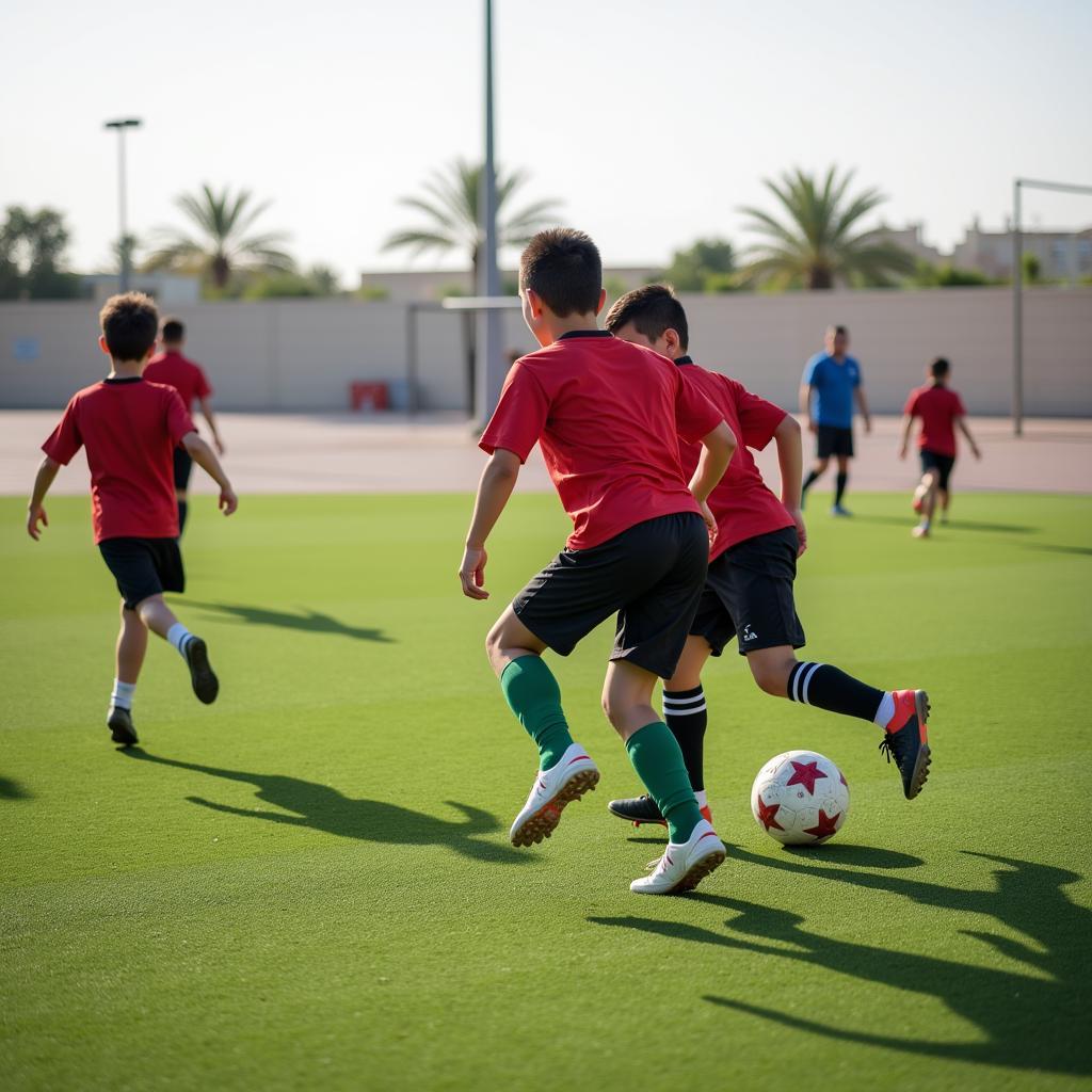 Young Arabic football players training on a field